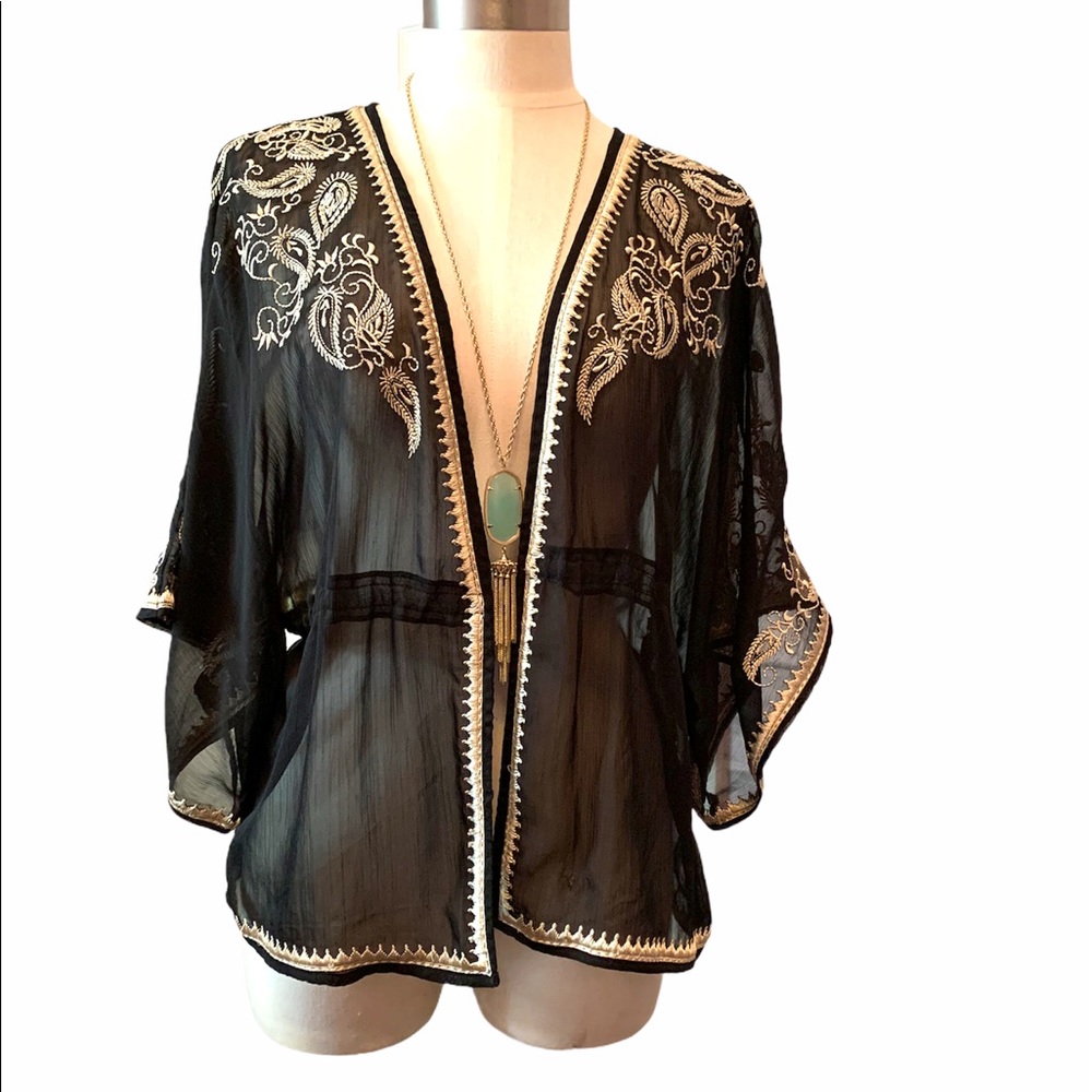 Beautiful Sheer Black Kimono with Gold Embroidery